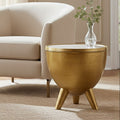 Gold Metal Side Table With Natural White Marble Top & Tapered Legs, Crest