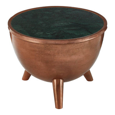 Copper Metal Coffee Table With Natural Green Marble Top & Tapered Legs, Crest