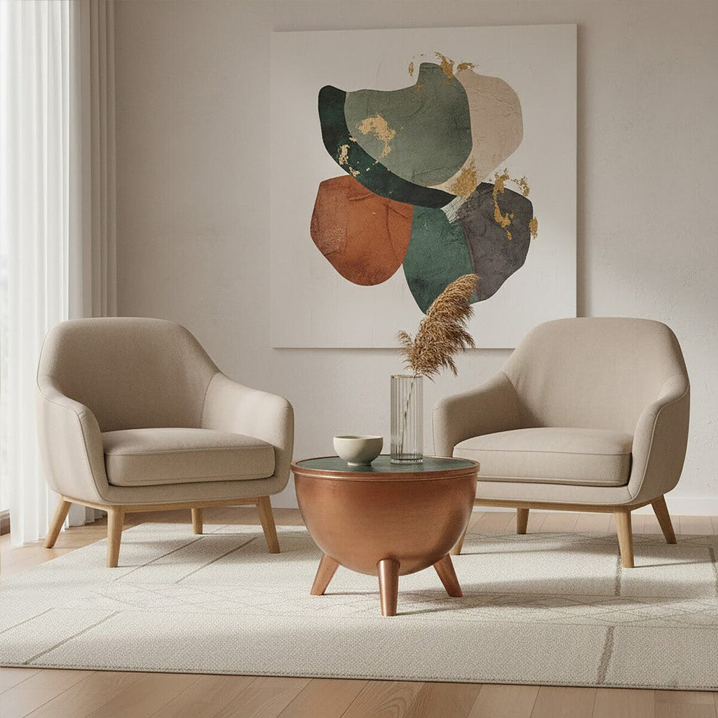 Copper Metal Coffee Table With Natural Green Marble Top & Tapered Legs, Crest