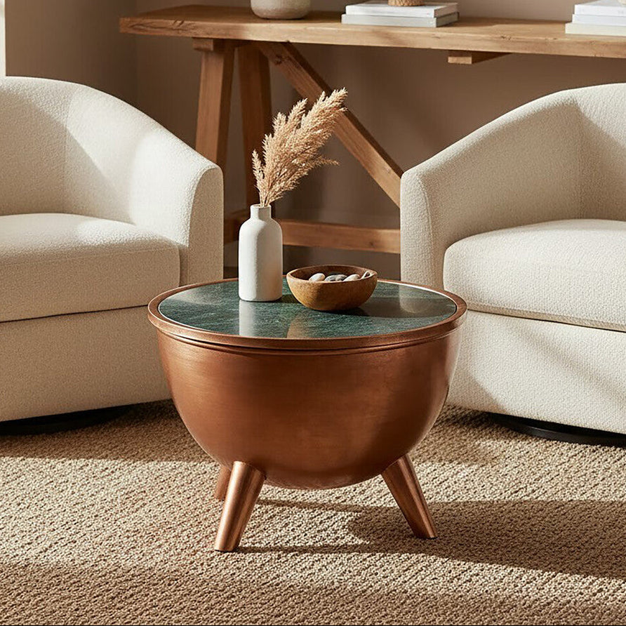 Copper Metal Coffee Table With Natural Green Marble Top & Tapered Legs, Crest