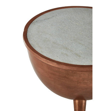 Copper Metal Coffee Table With Natural White Marble Top & Tapered Legs, Crest