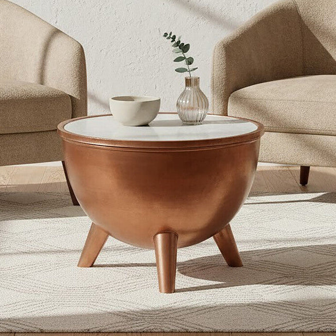 Copper Metal Coffee Table With Natural White Marble Top & Tapered Legs, Crest