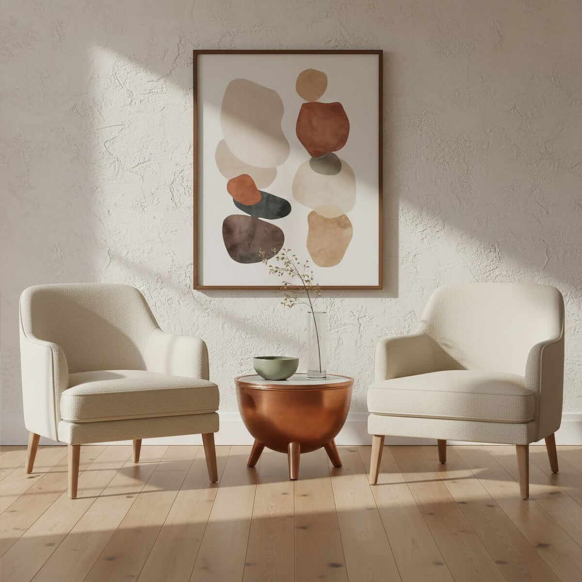 Copper Metal Coffee Table With Natural White Marble Top & Tapered Legs, Crest