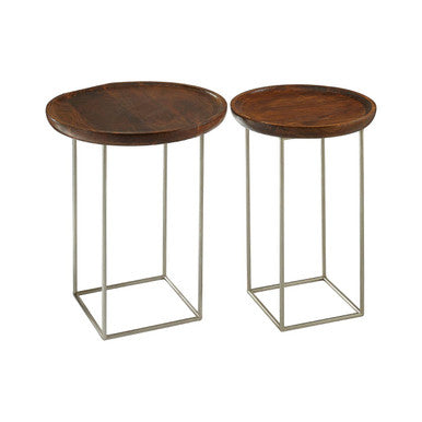 Set Of 2 Side Tables With Reflective Silver Iron Legs & Wood Tops, Crest