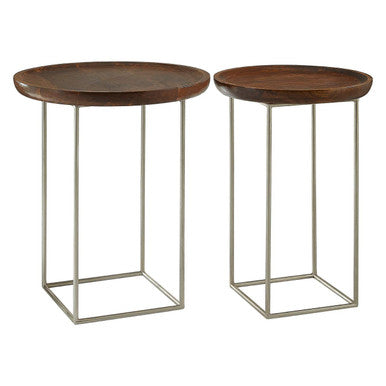 Set Of 2 Side Tables With Reflective Silver Iron Legs & Wood Tops, Crest