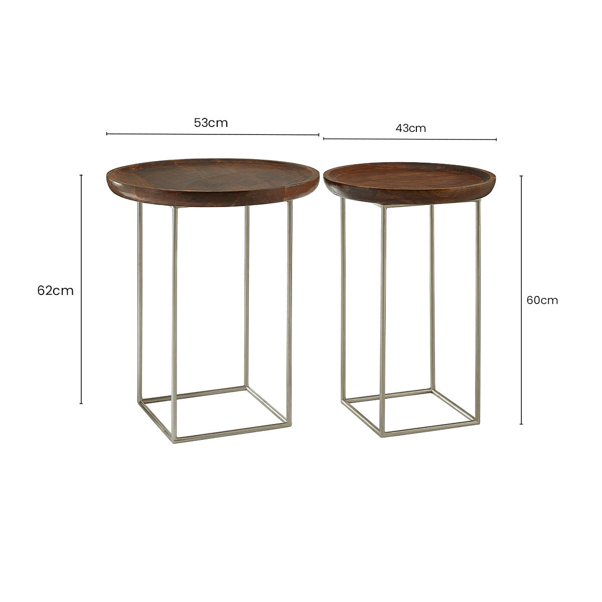 Set Of 2 Side Tables With Reflective Silver Iron Legs & Wood Tops, Crest