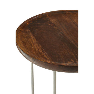 Set Of 2 Side Tables With Reflective Silver Iron Legs & Wood Tops, Crest