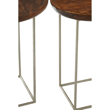 Set Of 2 Side Tables With Reflective Silver Iron Legs & Wood Tops, Crest