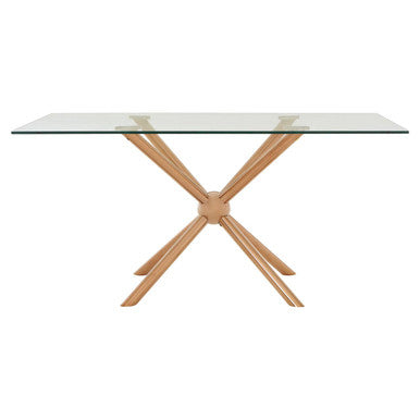 Clear Tempered Glass Top Dining Table With Rose Gold Metal Sphere Base, Novo
