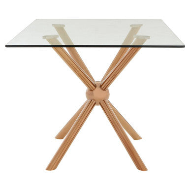 Clear Tempered Glass Top Dining Table With Rose Gold Metal Sphere Base, Novo