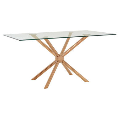 Clear Tempered Glass Top Dining Table With Rose Gold Metal Sphere Base, Novo