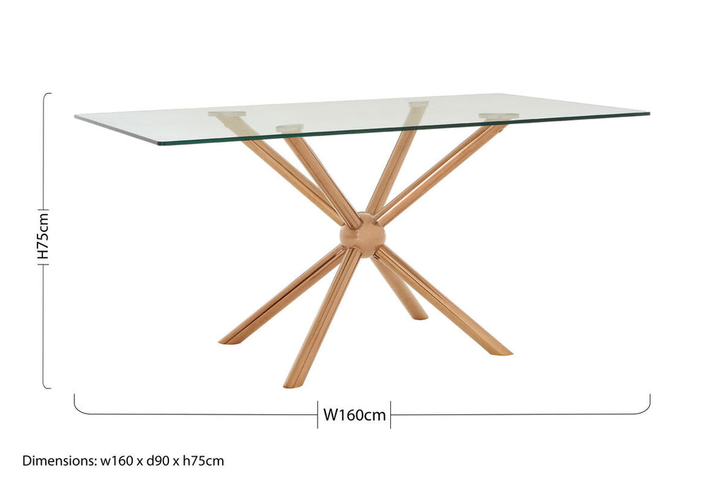Clear Tempered Glass Top Dining Table With Rose Gold Metal Sphere Base, Novo