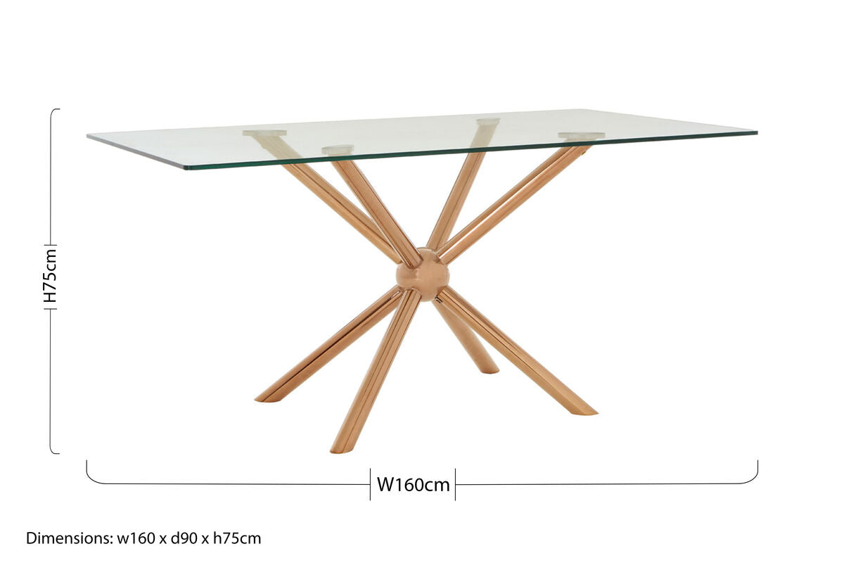 Clear Tempered Glass Top Dining Table With Rose Gold Metal Sphere Base, Novo