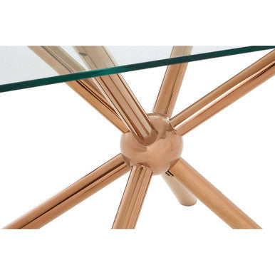 Clear Tempered Glass Top Dining Table With Rose Gold Metal Sphere Base, Novo