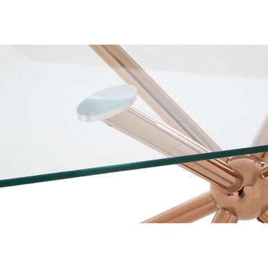 Clear Tempered Glass Top Dining Table With Rose Gold Metal Sphere Base, Novo
