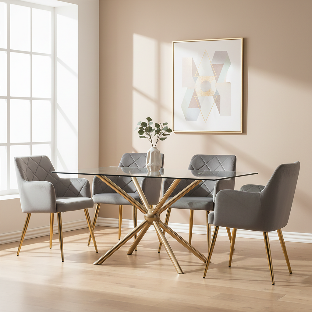 Clear Tempered Glass Top Dining Table With Rose Gold Metal Sphere Base, Novo