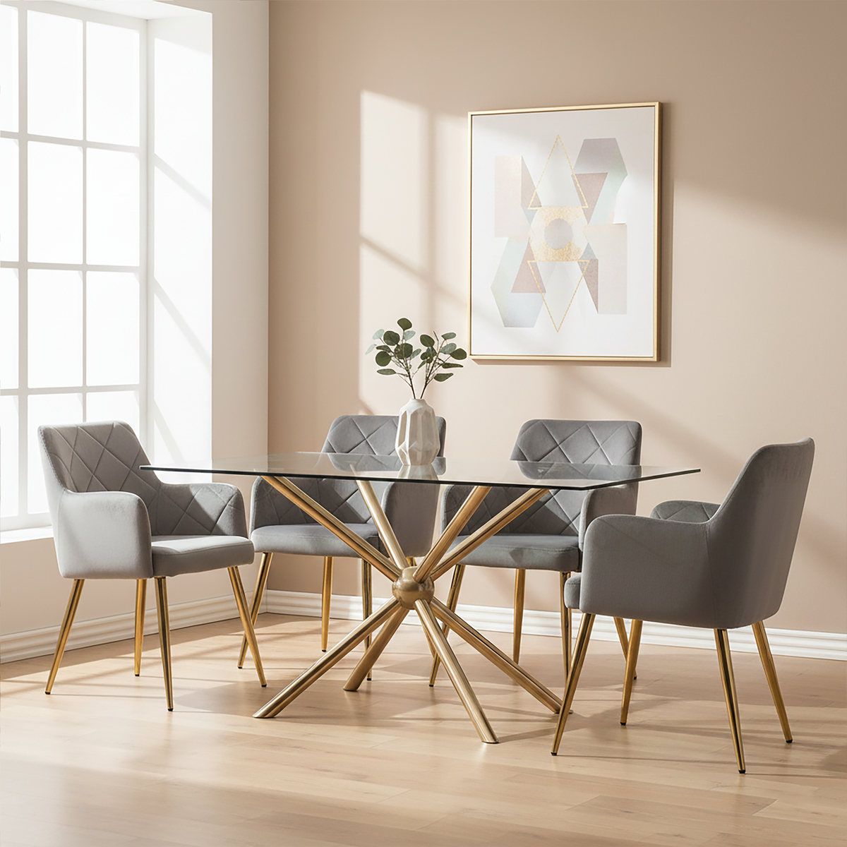 Clear Tempered Glass Top Dining Table With Rose Gold Metal Sphere Base, Novo