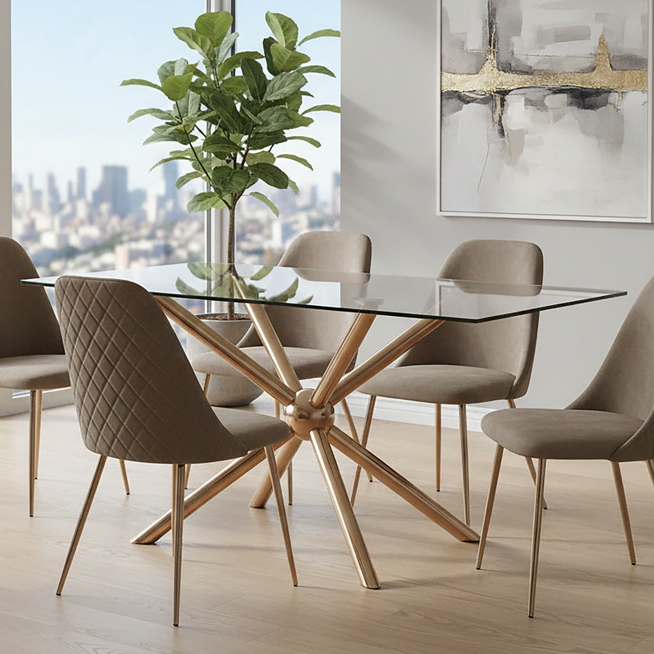 Clear Tempered Glass Top Dining Table With Rose Gold Metal Sphere Base, Novo