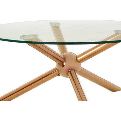 Clear Tempered Glass Top Dining Table With Rose Gold Angled Stainless Steel Legs, Novo