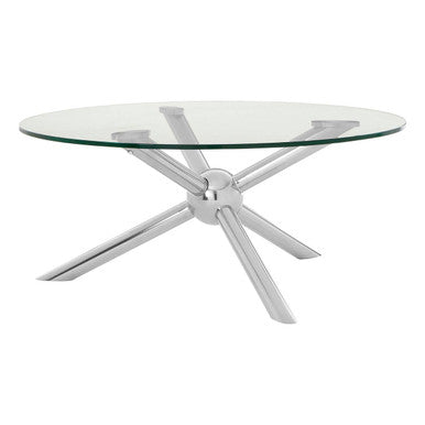 Round Clear Tempered Glass Top Coffee Table With Silver Stainless Steel Base, Novo