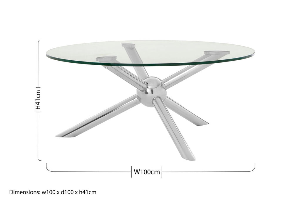Round Clear Tempered Glass Top Coffee Table With Silver Stainless Steel Base, Novo