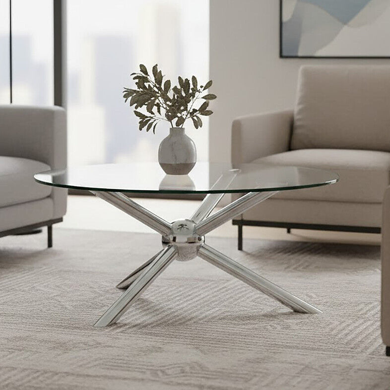 Round Clear Tempered Glass Top Coffee Table With Silver Stainless Steel Base, Novo