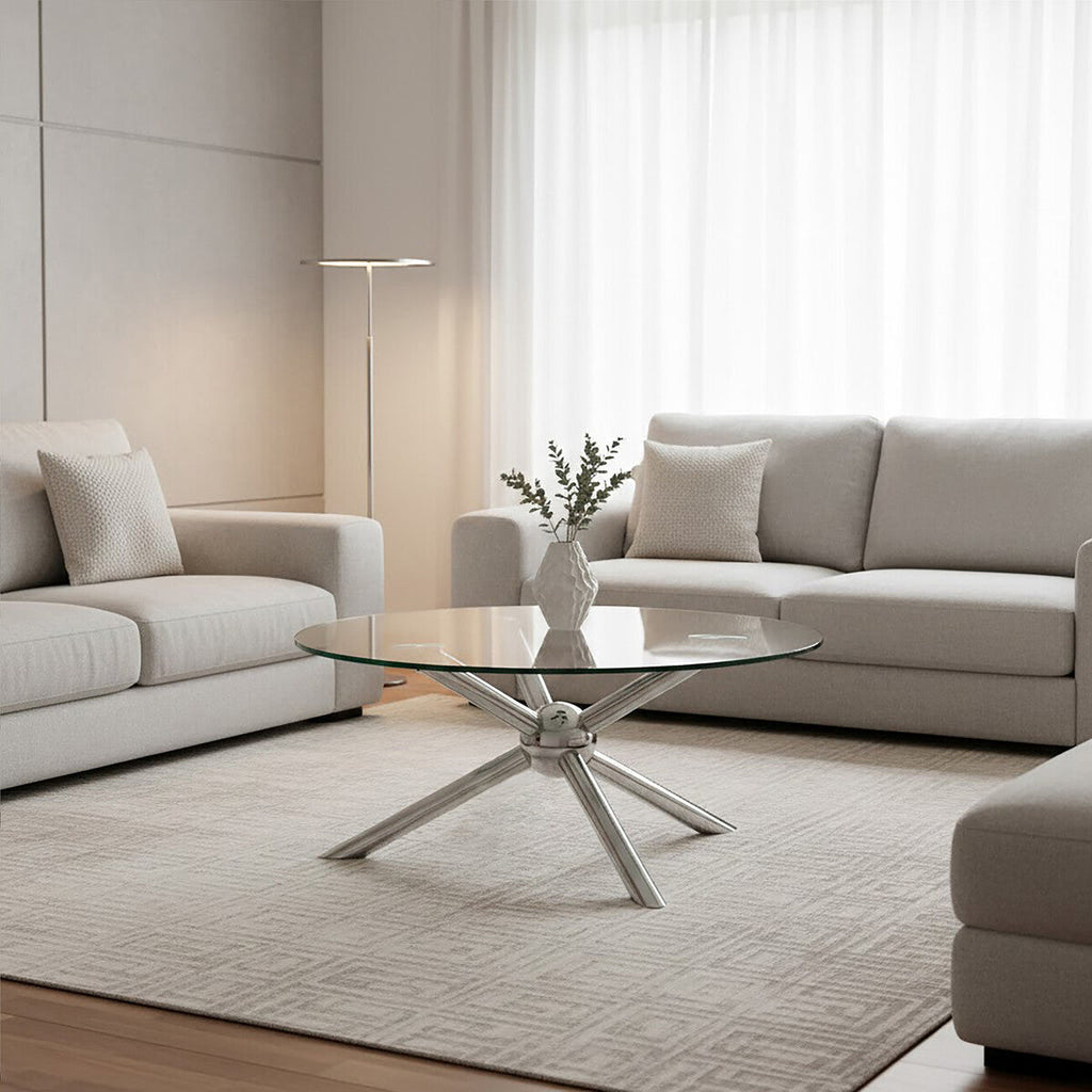 Round Clear Tempered Glass Top Coffee Table With Silver Stainless Steel Base, Novo