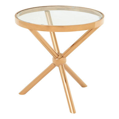 Clear Tempered Glass Round Top Side Table With Rose Gold Stainless Steel Base, Novo