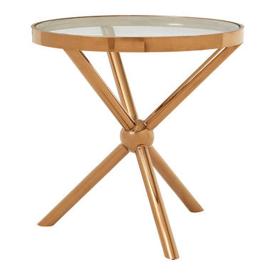 Clear Tempered Glass Round Top Side Table With Rose Gold Stainless Steel Base, Novo