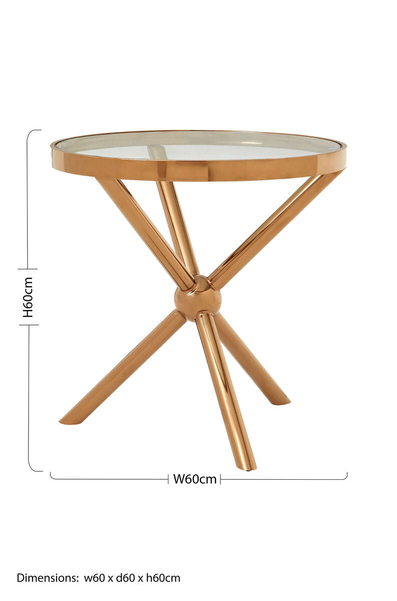 Clear Tempered Glass Round Top Side Table With Rose Gold Stainless Steel Base, Novo
