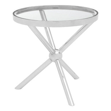 Clear Tempered Glass Round Top Side Table With Silver Stainless Steel Base, Novo
