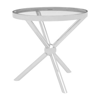 Clear Tempered Glass Round Top Side Table With Silver Stainless Steel Base, Novo