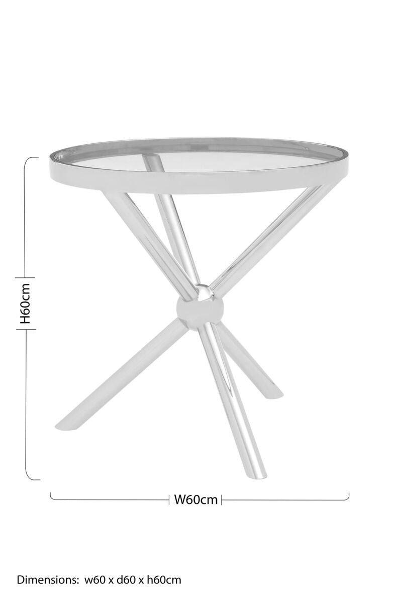Clear Tempered Glass Round Top Side Table With Silver Stainless Steel Base, Novo