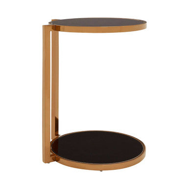 Black Tempered Glass Round Top 2 Tier Side Table With Rose Gold Steel Frame, Novo