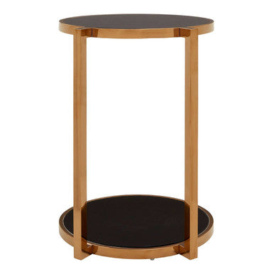 Black Tempered Glass Round Top 2 Tier Side Table With Rose Gold Steel Frame, Novo