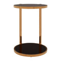 Black Tempered Glass Round Top 2 Tier Side Table With Rose Gold Steel Frame, Novo