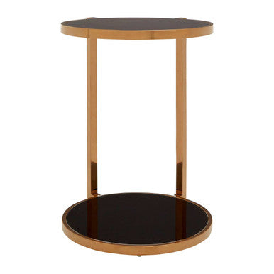 Black Tempered Glass Round Top 2 Tier Side Table With Rose Gold Steel Frame, Novo