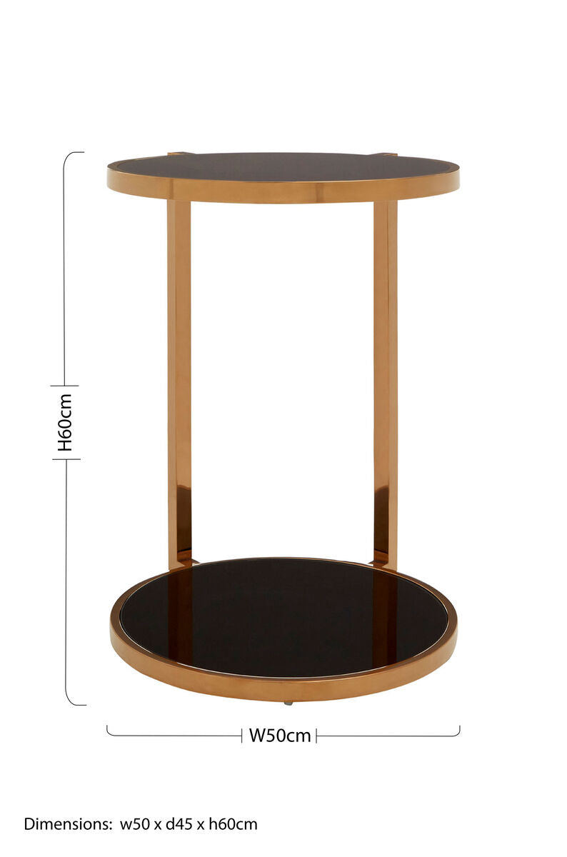 Black Tempered Glass Round Top 2 Tier Side Table With Rose Gold Steel Frame, Novo