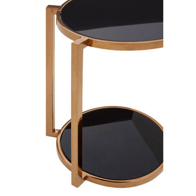 Black Tempered Glass Round Top 2 Tier Side Table With Rose Gold Steel Frame, Novo