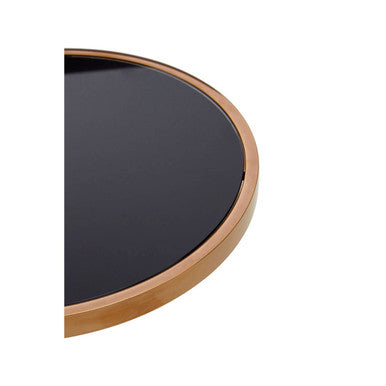 Black Tempered Glass Round Top 2 Tier Side Table With Rose Gold Steel Frame, Novo