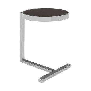 Silver Metal T Base Side Table With Black Tempered Glass Top, Novo