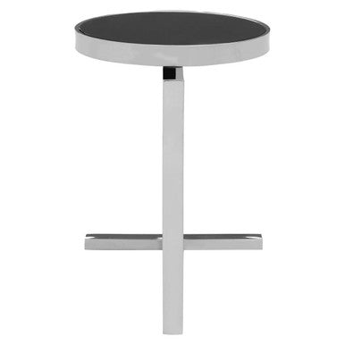 Silver Metal T Base Side Table With Black Tempered Glass Top, Novo