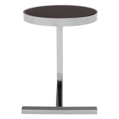 Silver Metal T Base Side Table With Black Tempered Glass Top, Novo
