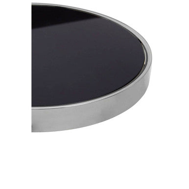 Silver Metal T Base Side Table With Black Tempered Glass Top, Novo