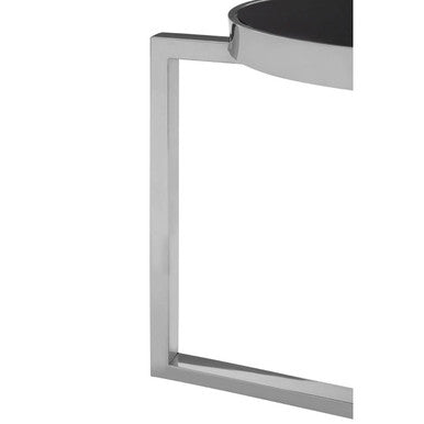 Silver Metal T Base Side Table With Black Tempered Glass Top, Novo
