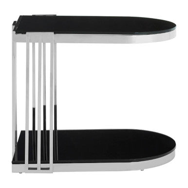 Art Deco Silver Metal Frame U-Shaped Side Table With Glass Top, Novo
