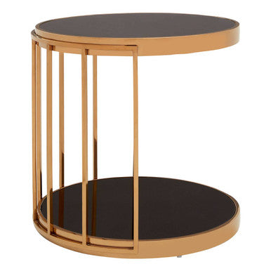 Rose Gold Steel Cage Design Frame Side Table With Tempered Black Glass, Novo