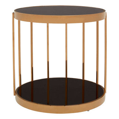 Rose Gold Steel Cage Design Frame Side Table With Tempered Black Glass, Novo