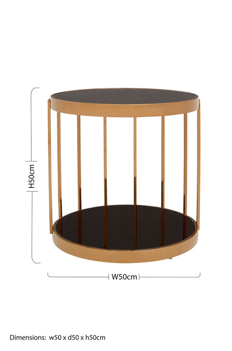 Rose Gold Steel Cage Design Frame Side Table With Tempered Black Glass, Novo