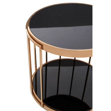 Rose Gold Steel Cage Design Frame Side Table With Tempered Black Glass, Novo
